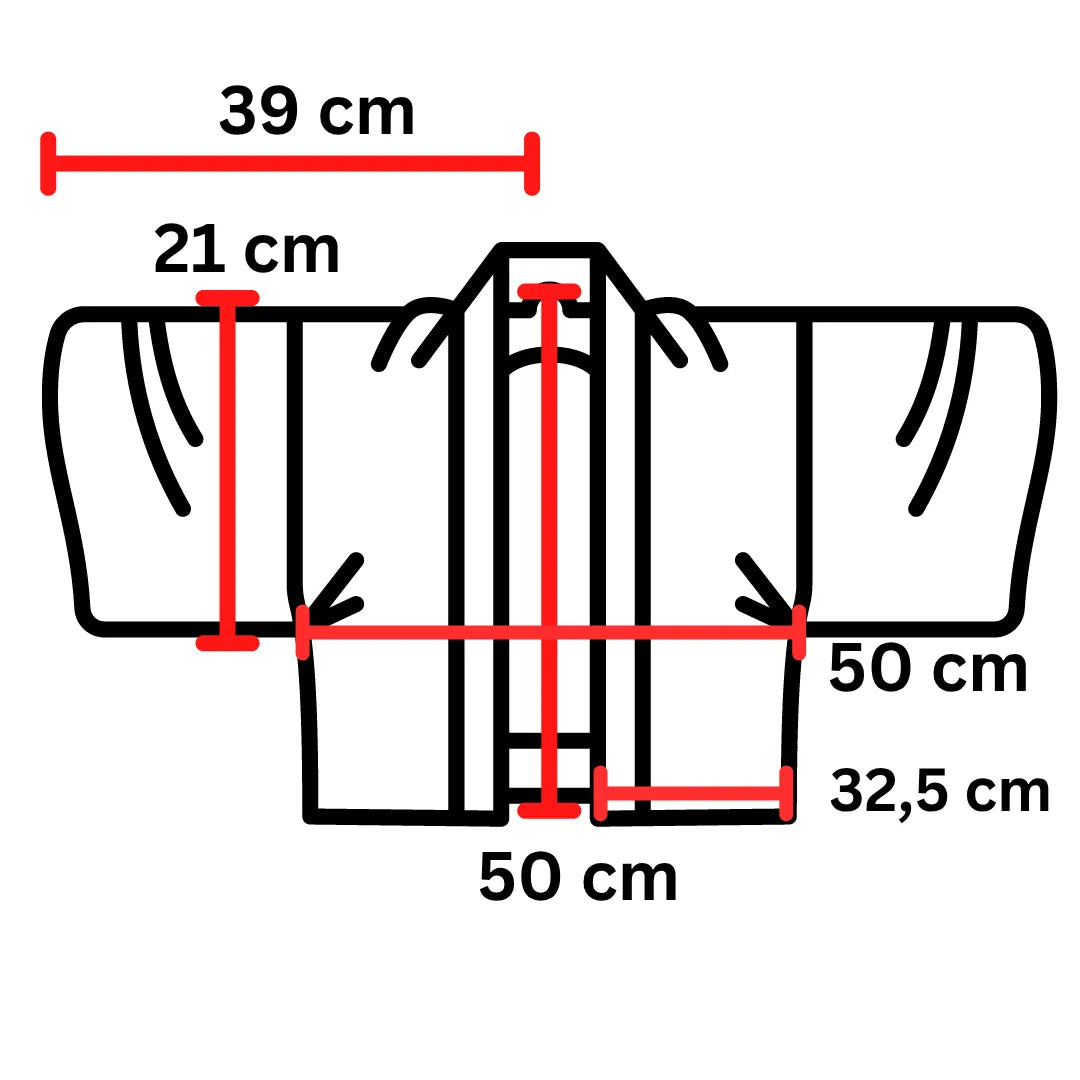 Maßdiagramm des Hadajuban: Schulterbreite 39 cm, Länge 50 cm