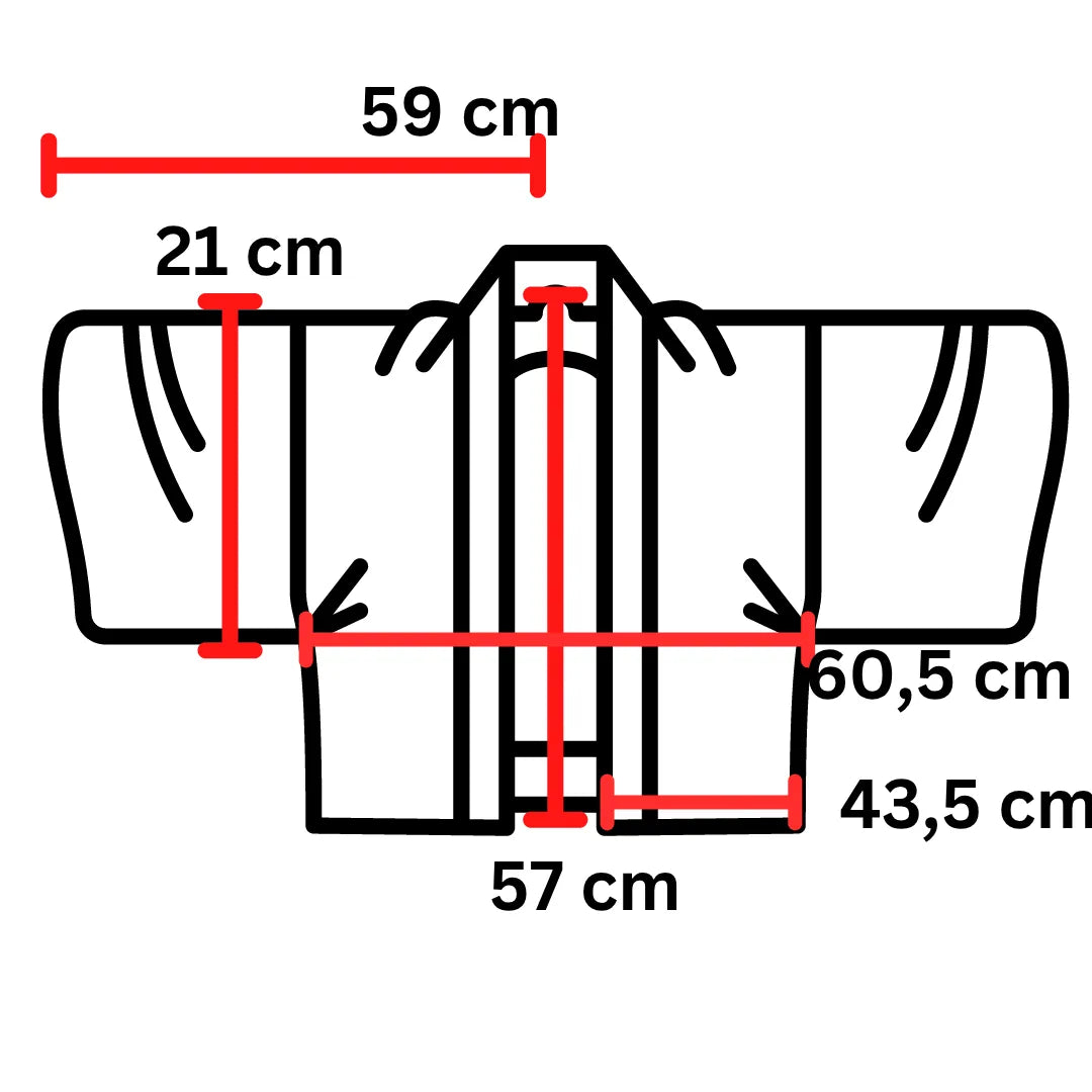 Maßdiagramm des Hadajuban: Schulterbreite 59 cm, Länge 57 cm