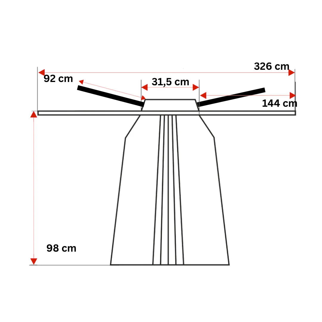 Maßdiagramm des Hakama: Länge 98 cm, Breite oben 31,5 cm