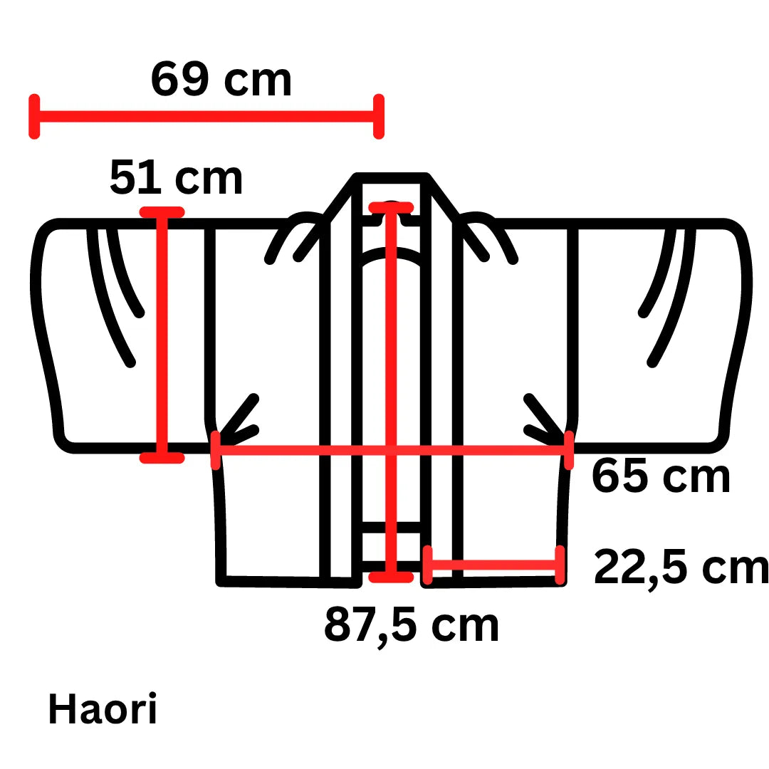 Maßdiagramm des Herren-Haori: Breite 69 cm, Länge 87,5 cm