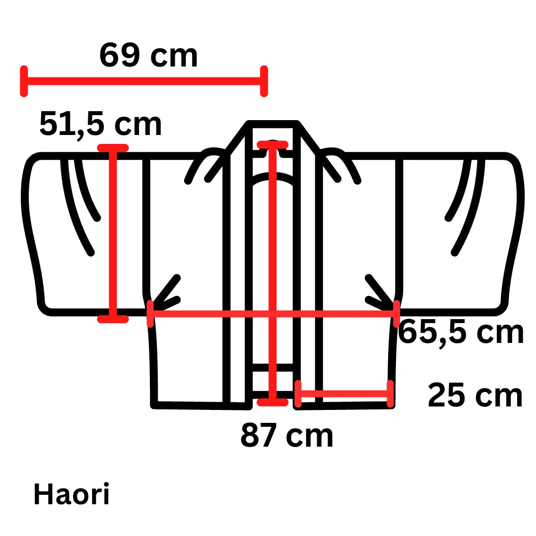 Maßdiagramm des Herren Haori: Breite 69 cm, Länge 87 cm