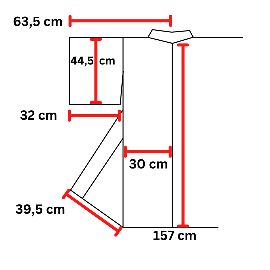 Maßdiagramm des Iromuji-Kimono: Breite 63,5 cm, Länge 157 cm, Ärmeltiefe 44,5 cm
