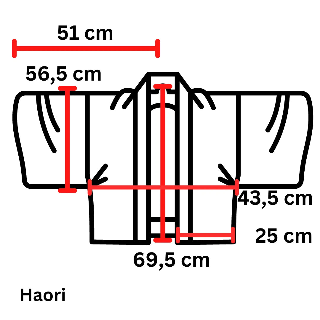 Maßdiagramm des Kinder-Haori: Breite 51 cm, Länge 69,5 cm, Ärmeltiefe 56,5 cm