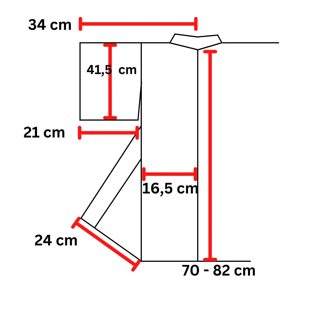 Maßdiagramm des Kinder-Kimonos: Breite 34 cm, Länge 70–82 cm, Ärmeltiefe 41,1 cm