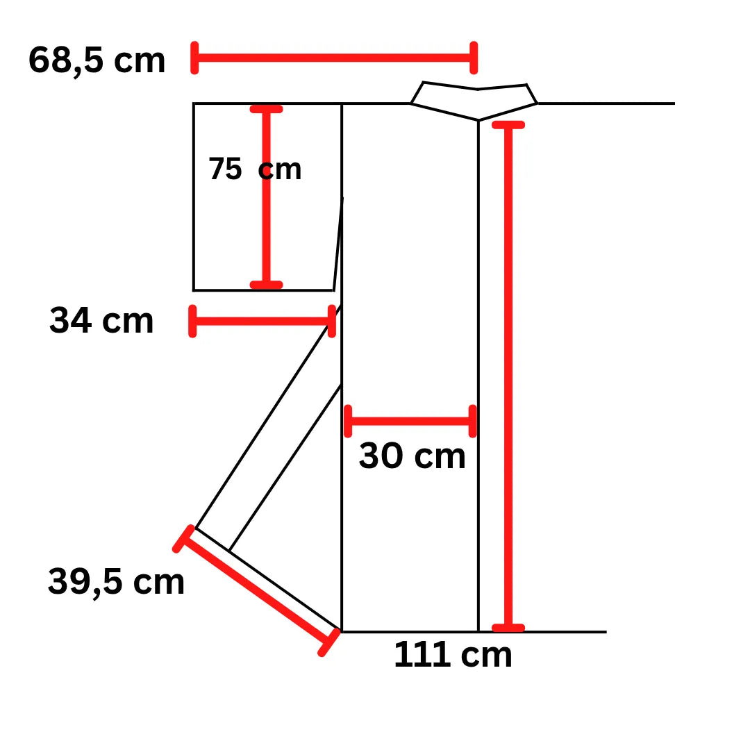 Maßdiagramm des Ko-Furisode: Breite 68,5 cm, Länge 111 cm, Ärmeltiefe 75 cm