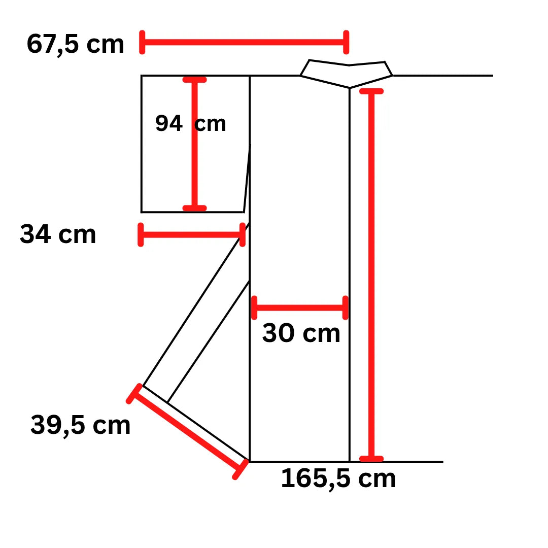 Maßdiagramm des Vintage Furisode: Breite 67,5 cm, Länge 165,5 cm, Ärmeltiefe 94 cm