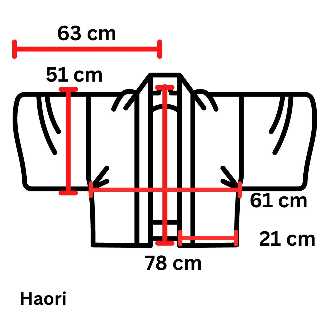 Maßdiagramm des Vintage Sommer-Haori: Breite 63 cm, Länge 78 cm, Ärmeltiefe 51 cm