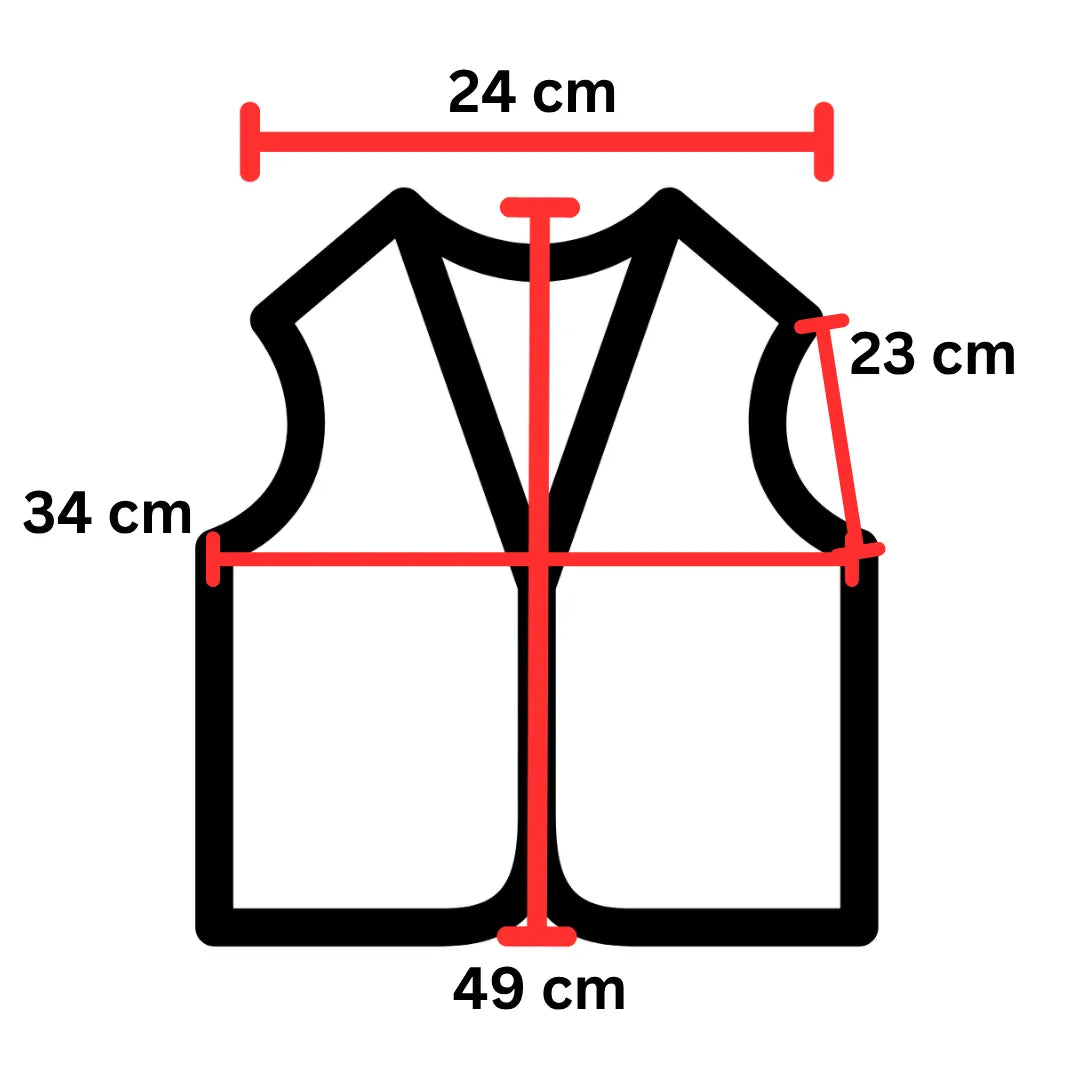 Maßskizze Kinder-Weste: 49 cm Länge, 24 cm Schulterbreite, 34 cm Breite