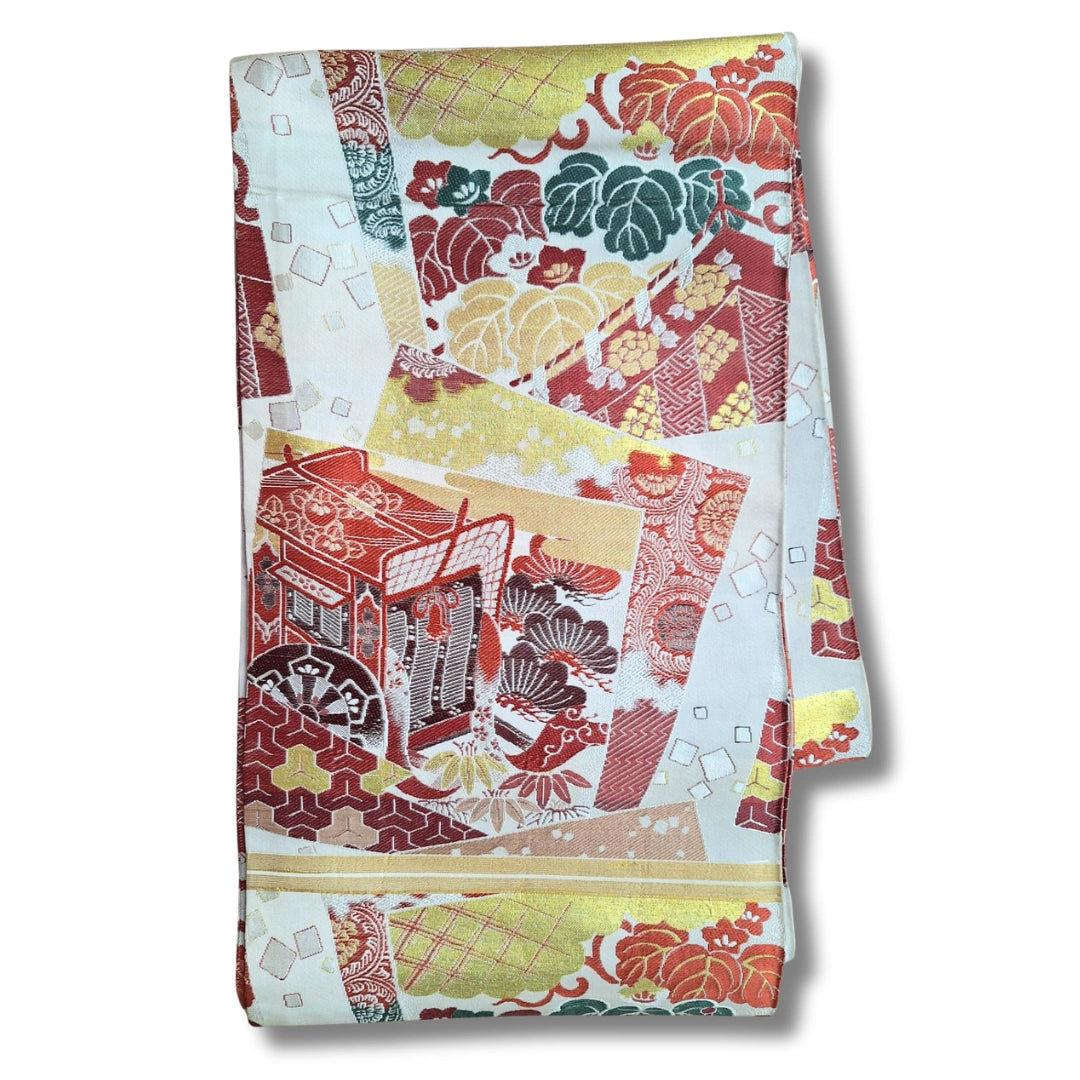 Vintage Maru Obi beidseitig tragbar mit kaiserlicher Kutsche