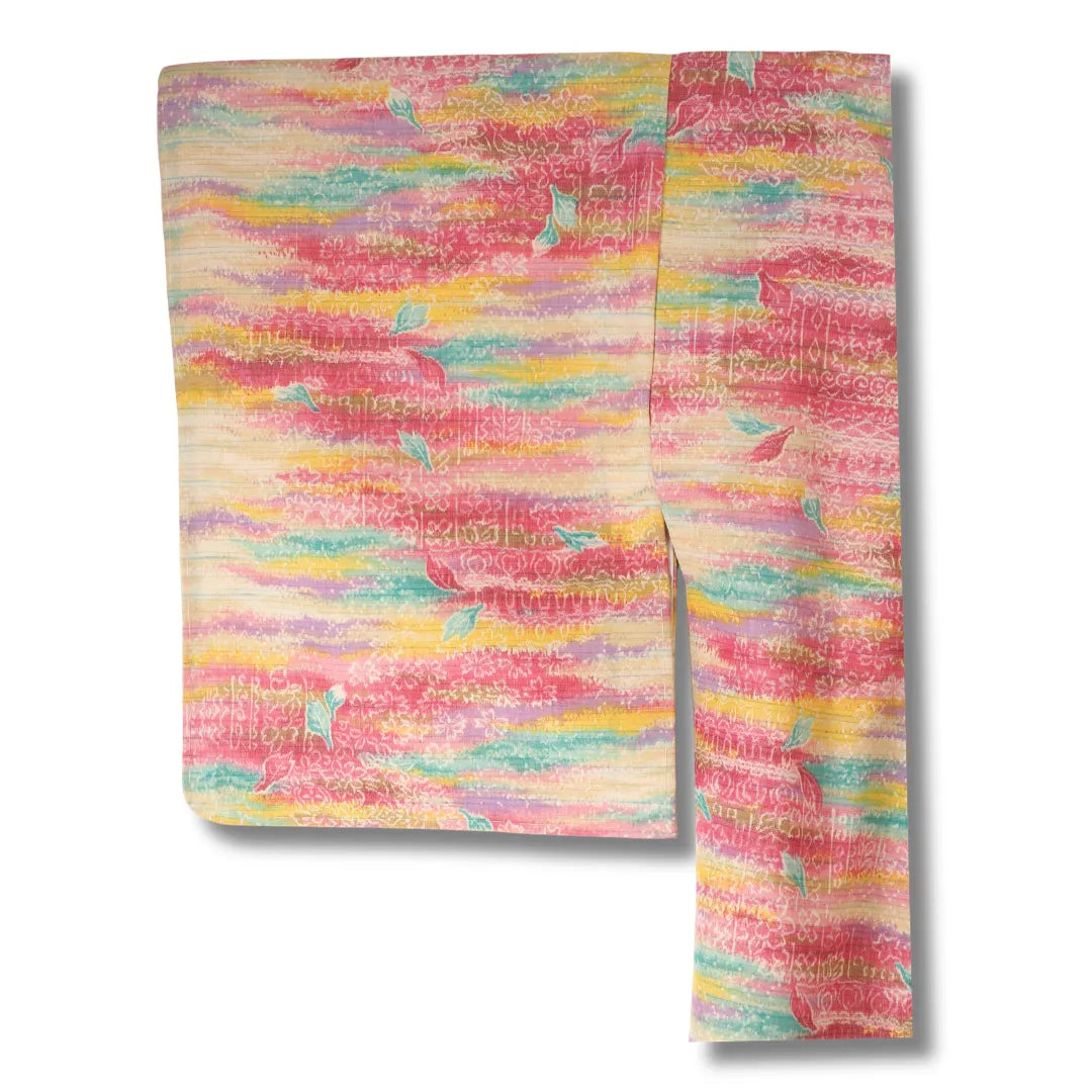 Mehrfarbiger Vintage Komon-Kimono Ärmelansicht, fließendes Pink-Türkis-Gelb-Muster sichtbar