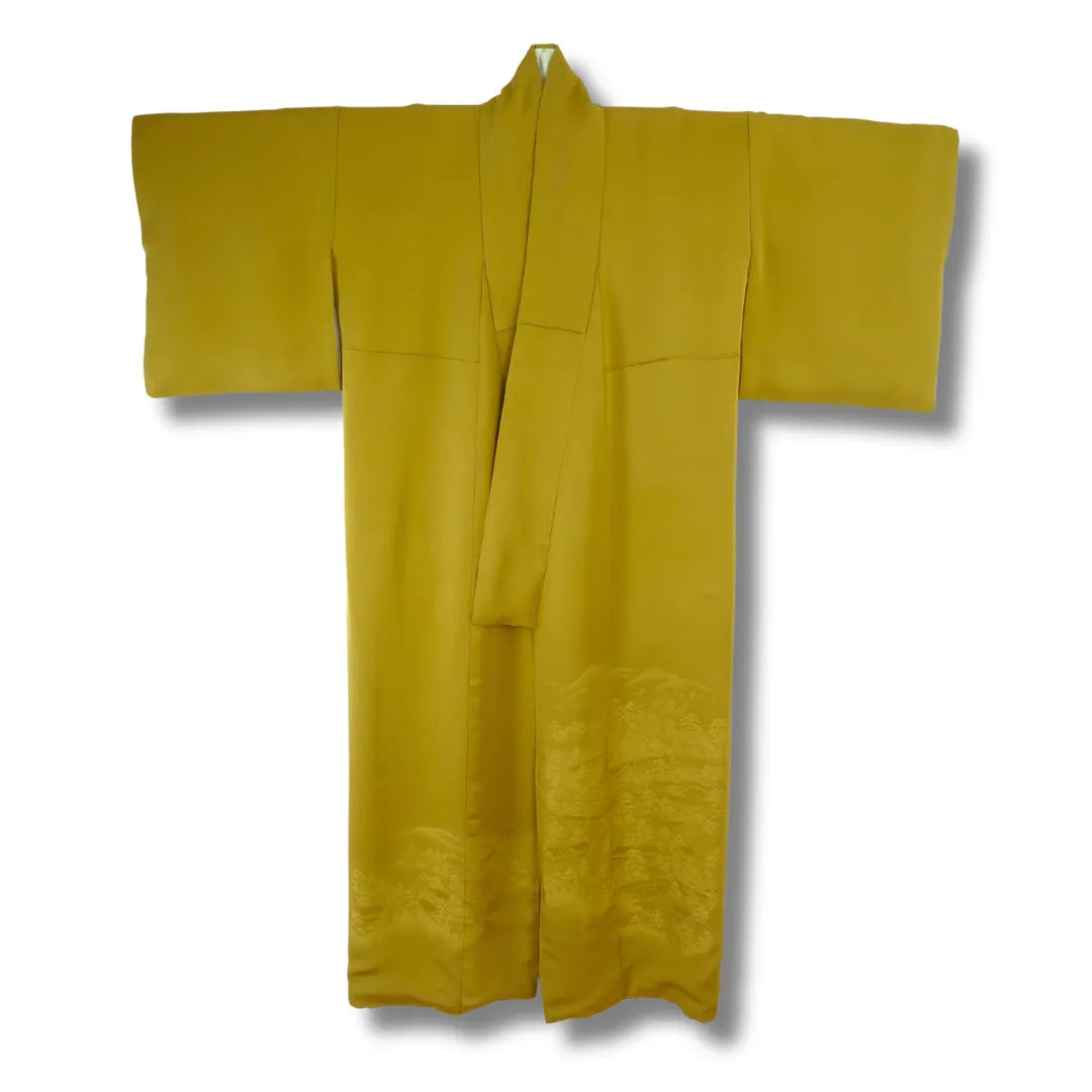 Moosgrüner Vintage Iromuji-Kimono aus Japan, einfarbig, Frontansicht