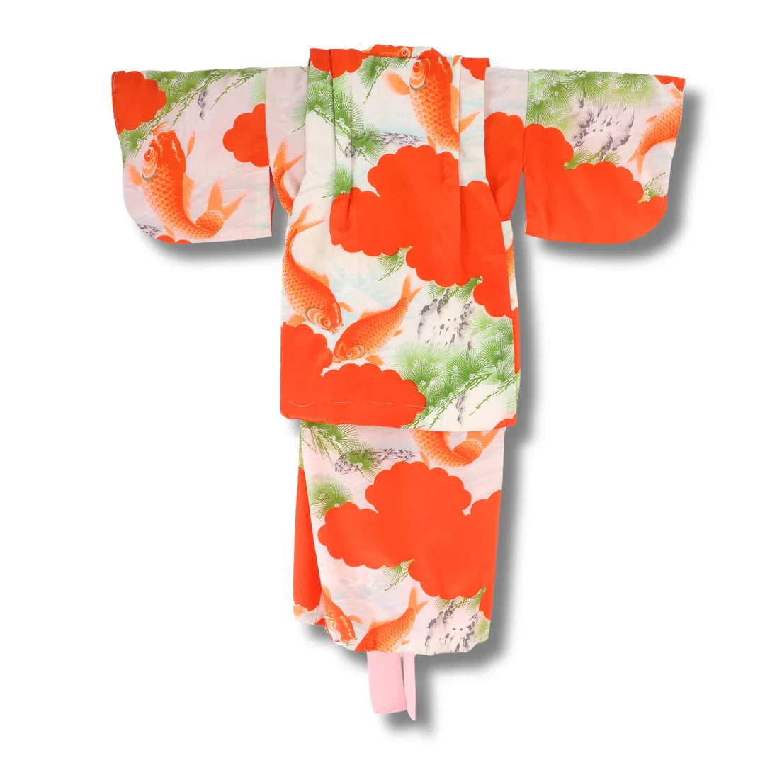 Orange-weißer Vintage Kinder-Kimono mit Fischmotiv und passender Weste, Rückansicht