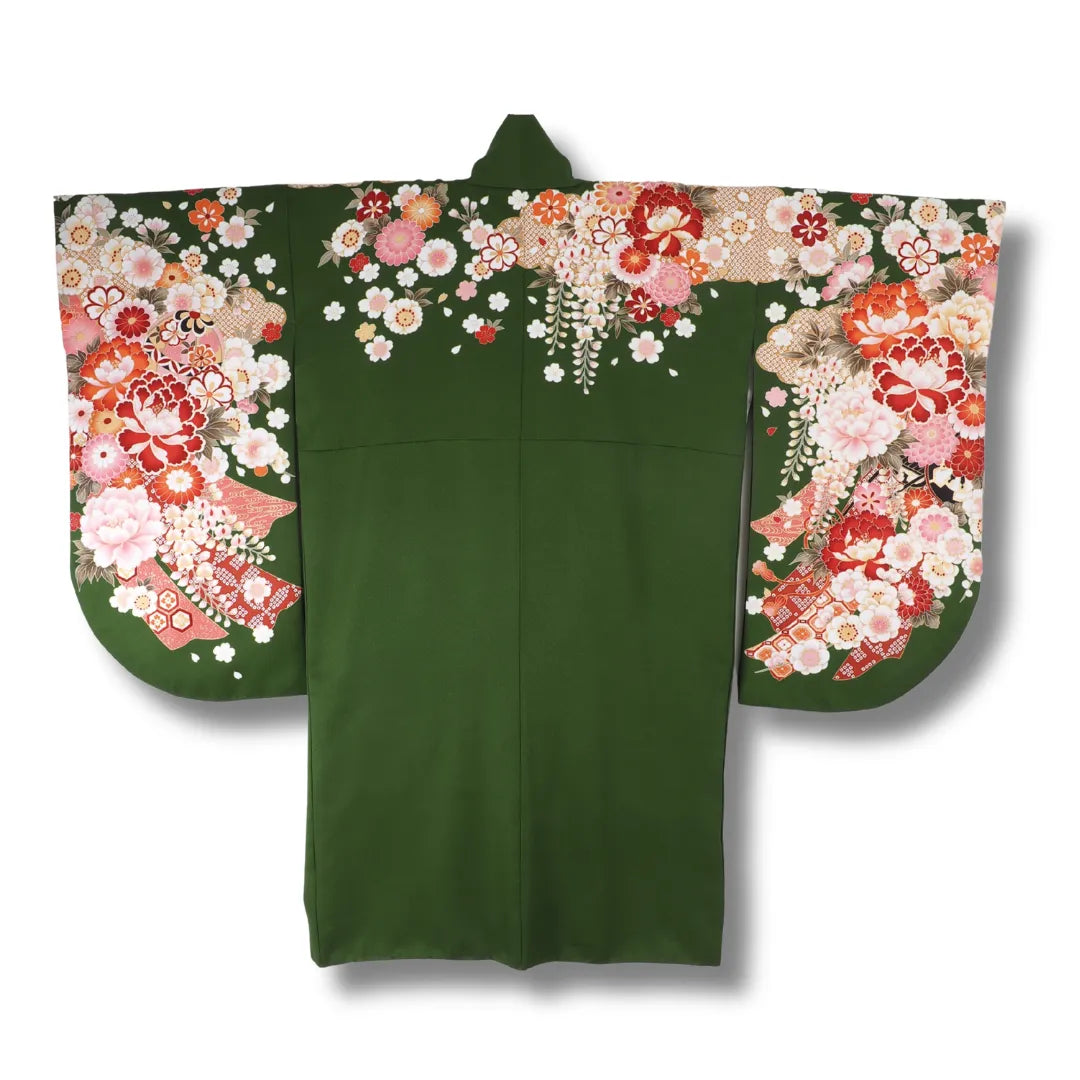Rückansicht des dunkelgrünen Vintage Ko-Furisode, klassischer Schnitt mit kurzen Ärmeln