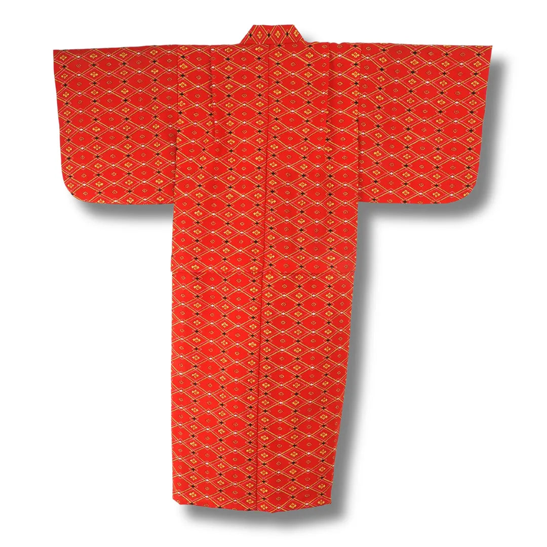 Rückansicht des roten Kinder-Kimono mit durchgehendem Rautenmuster