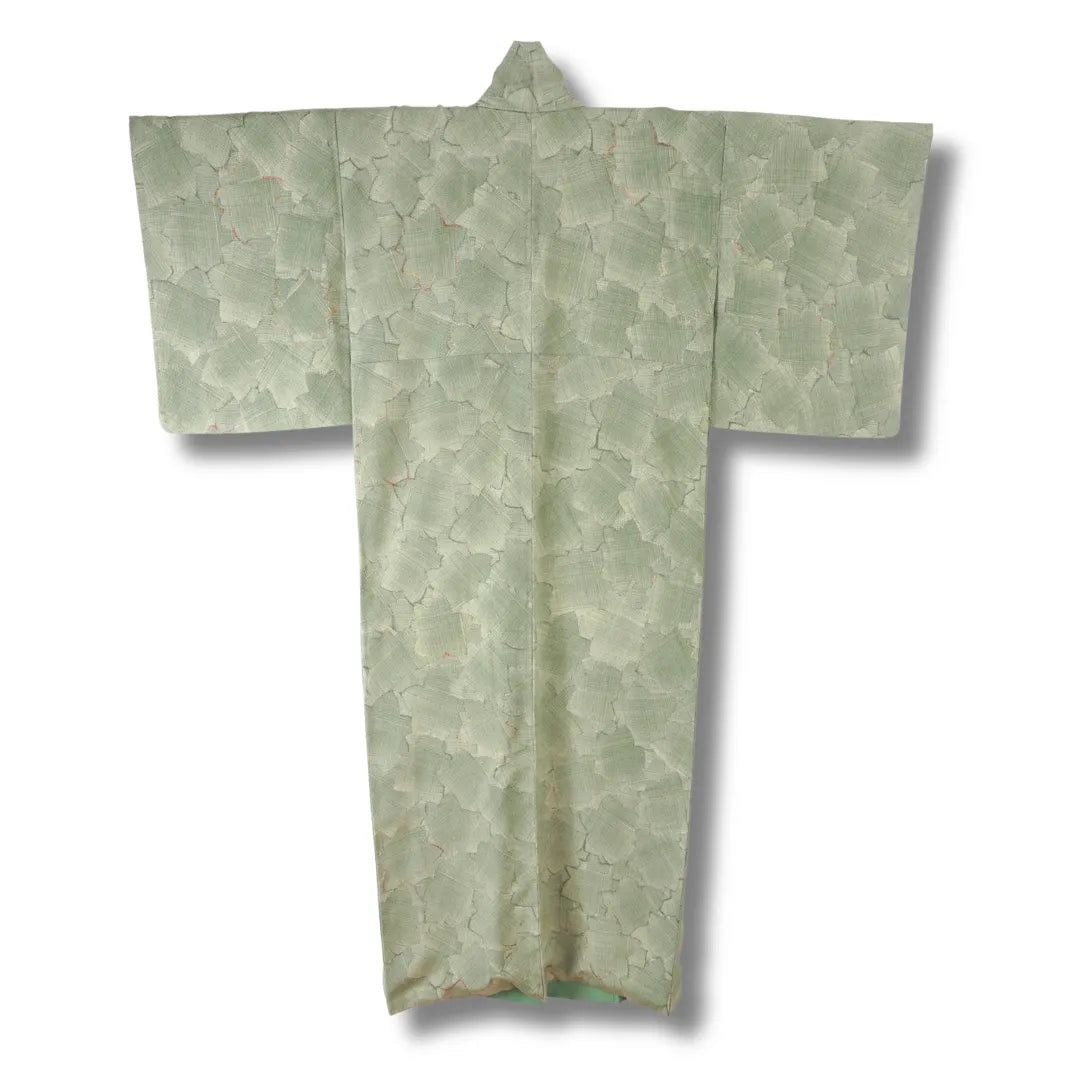 Rückansicht des salbeigrünen Vintage Komon-Kimono mit durchgehendem Ton-in-Ton-Blütenmuster