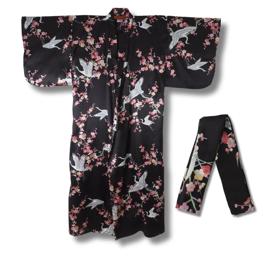 Schwarzer Damen Kimono aus Seide mit Kranichen und Ume-Blüten inklusive Obi