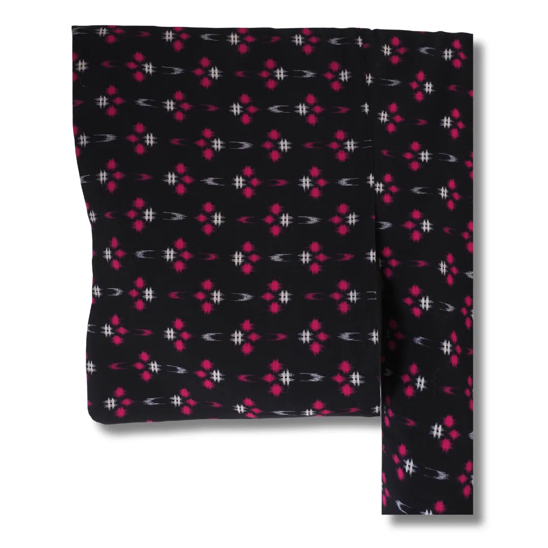Schwarzer Vintage Haori Ärmelansicht, pink-weißes Rauten- und Strichmuster sichtbar