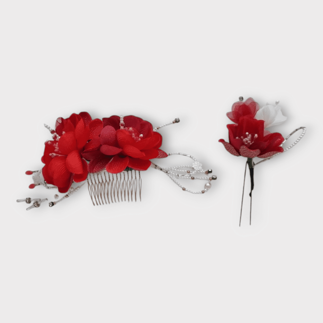 Vintage Kanzashi Set 2-teilig rote Blumen