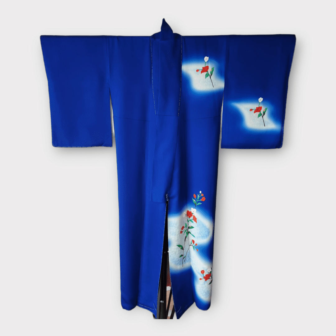 Vintage Houmongi-Tsukesage Kimono Damen Blau ungetragen