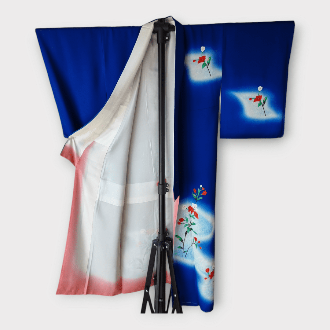 Vintage Houmongi-Tsukesage Kimono Damen Blau ungetragen