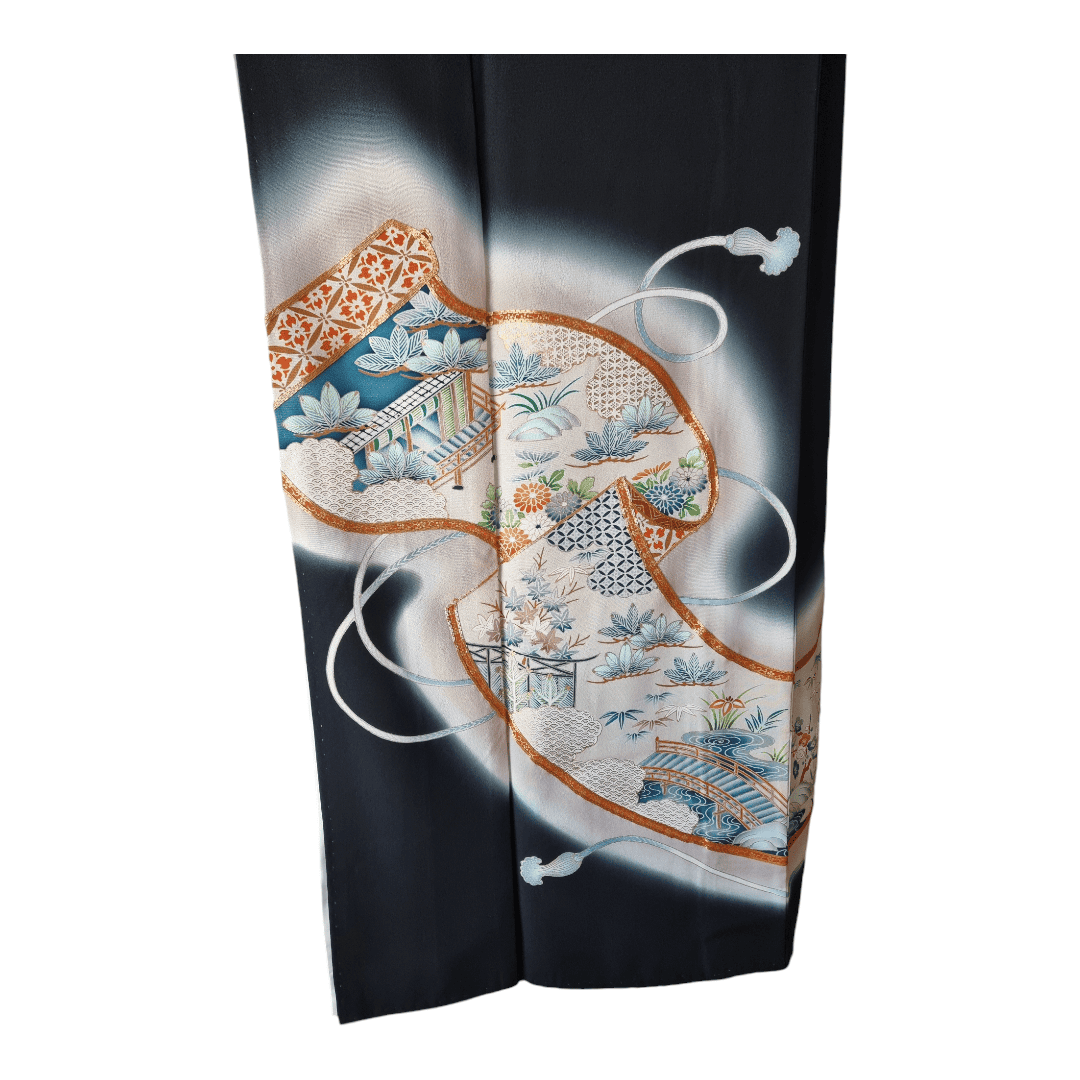 Vintage Kuro-Tomesode Kimono Damen Schriftrolle