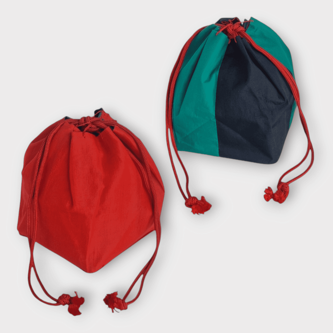Vintage Kinchaku Beutel Wendetasche Grün, Schwarz / Rot