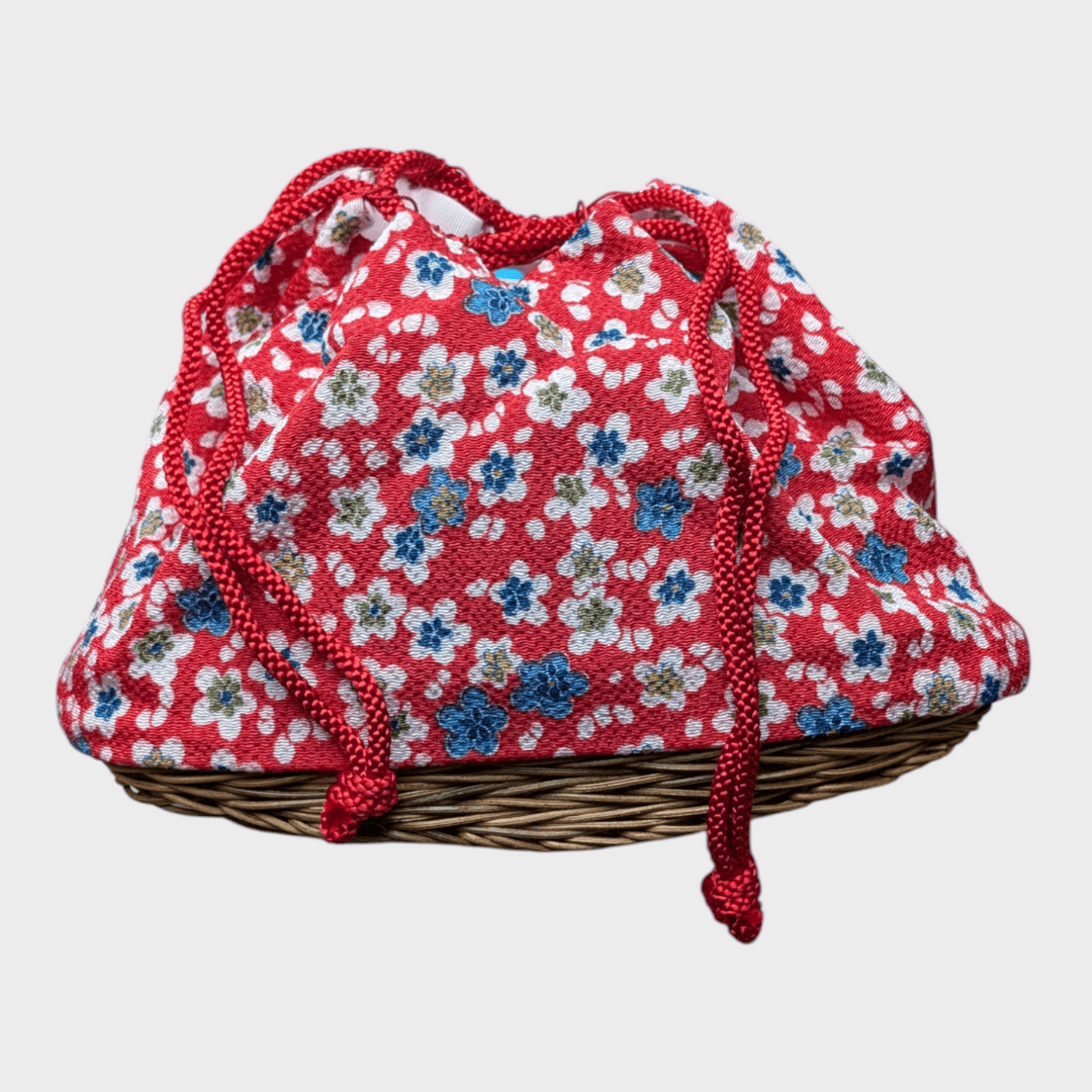 Vintage Kinchaku Takekago Bambus Korbtasche Blumen
