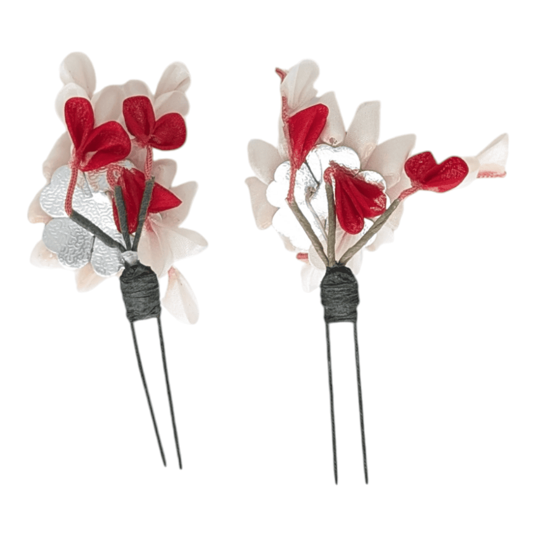 Vintage Kanzashi Set 2 Haarnadeln Weiß / Rot