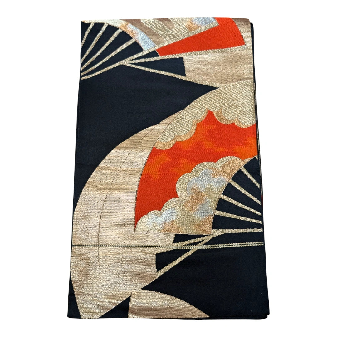 Vintage Fukuro Obi Schwarz mit Fächer