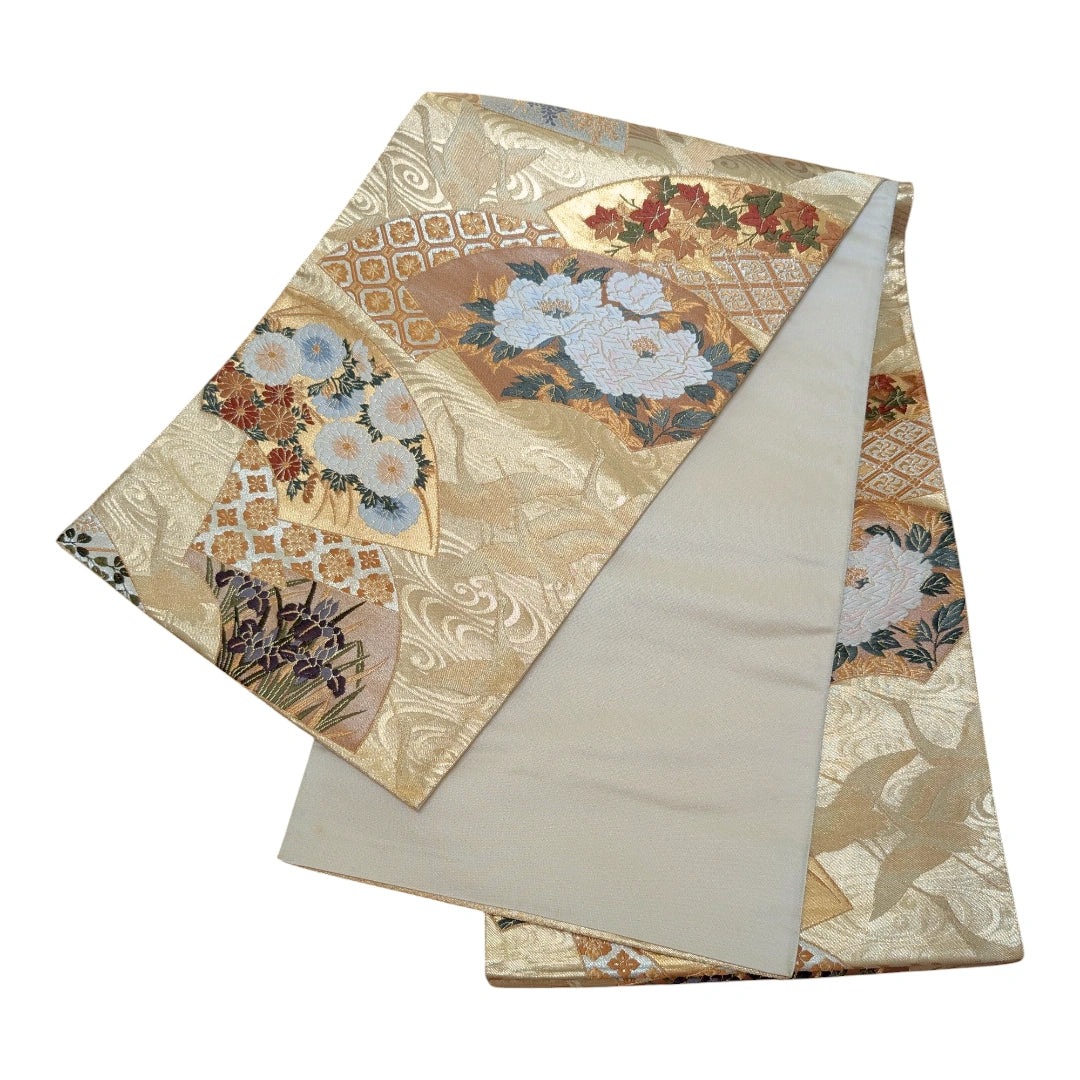 Vintage Fukuro Obi Goldbeige Fächer & Kraniche