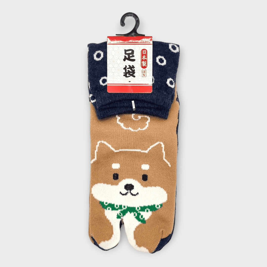 Linke braune Tabi Socke mit Shiba Inu in blau #farbe_Blau