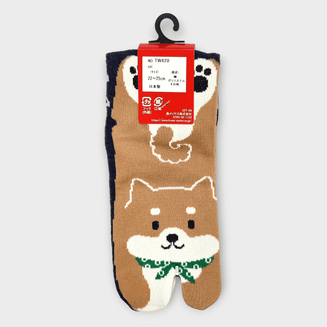 Rechte Tabi Socke in braun mit Shiba Inu in blau #farbe_Blau