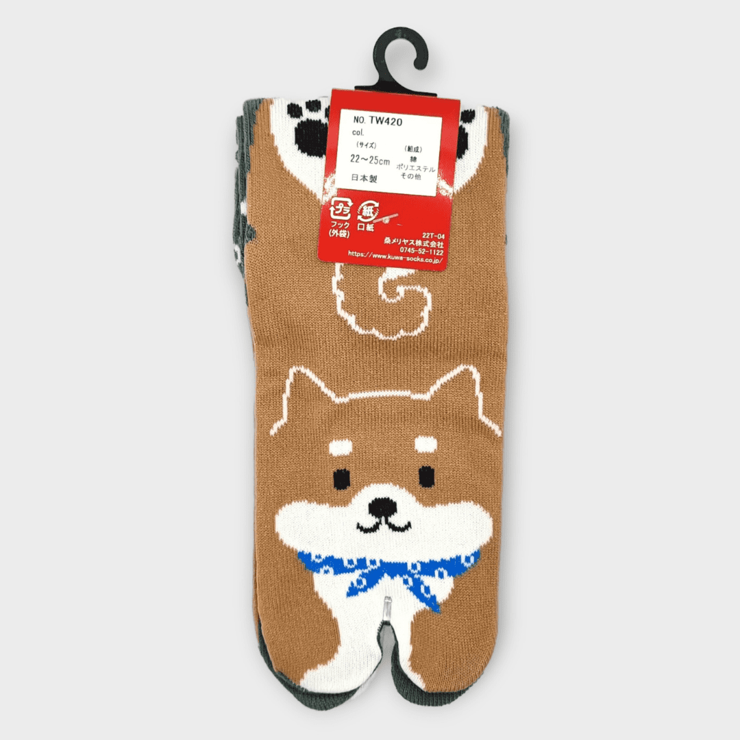 Rechte braune Tabi Socke mit Shiba Inu in grün #farbe_Grün