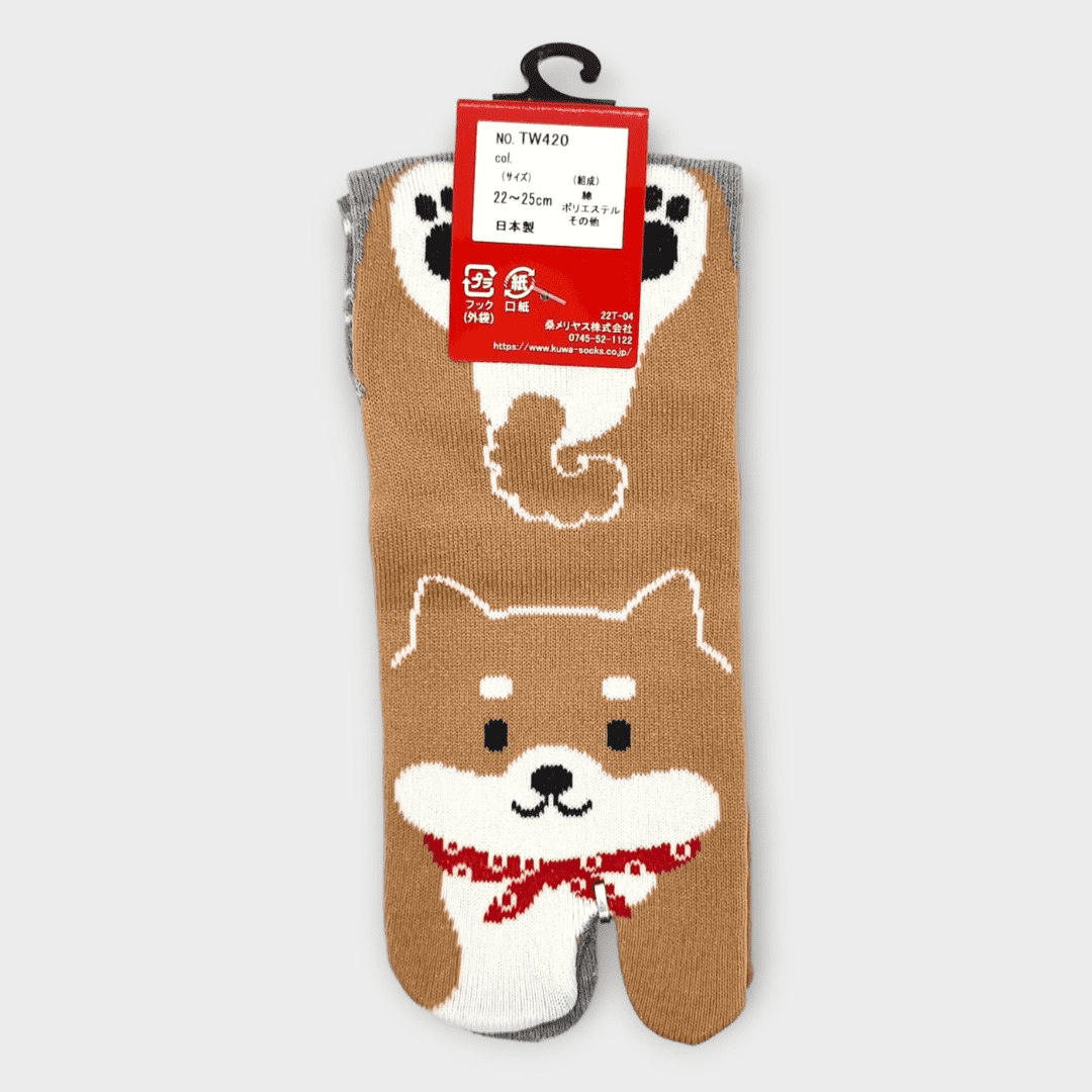 Rechte Tabi Socke in braun mit Shiba Inu in grau #farbe_Grau