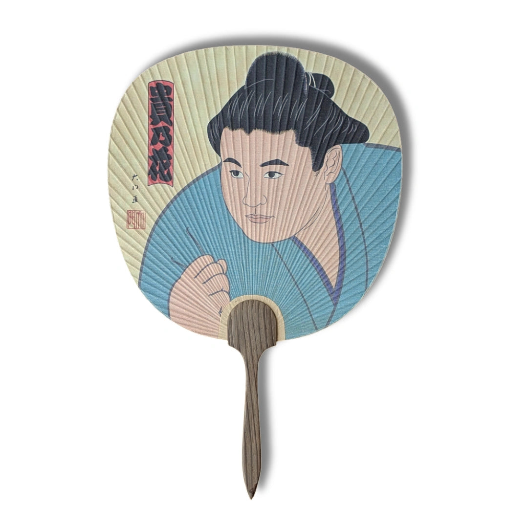 Vintage Uchiwa-Fächer Sumō-Ringer in Hellblau
