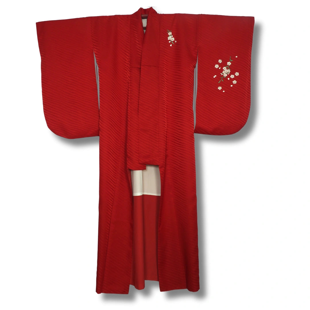 Vintage Damen Kimono Rot mit Kirschblüten-Stickerei #farbe_Rot