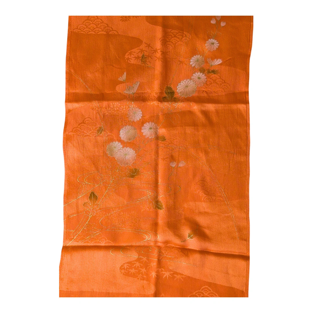 Vintage Obiage aus Seide in Orange mit Golddekor & traditionellen Mustern