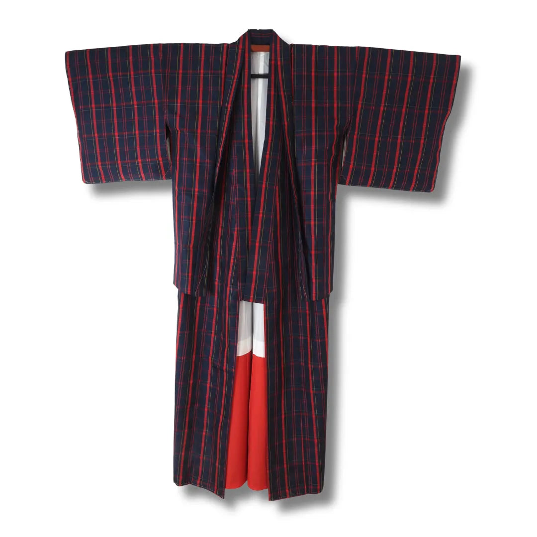 Vintage Kimono und Haori Set dunkelblau kariert Gesamtansicht