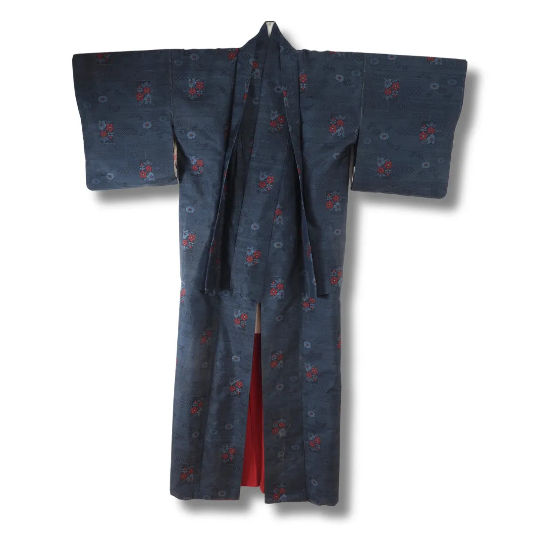 Vintage Kimono und Haori Ensemble marineblau Vorderansicht mit Blumenmuster