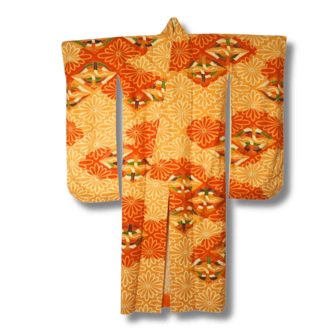 Vintage Damen Furisode Kimono orange Blumen