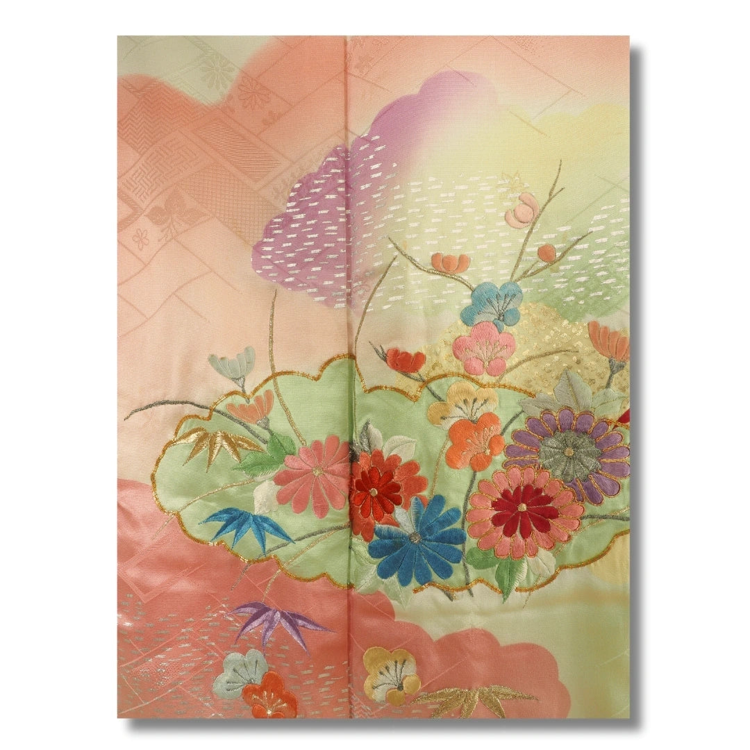 Vintage Furisode Kimono Damen Creme Pink