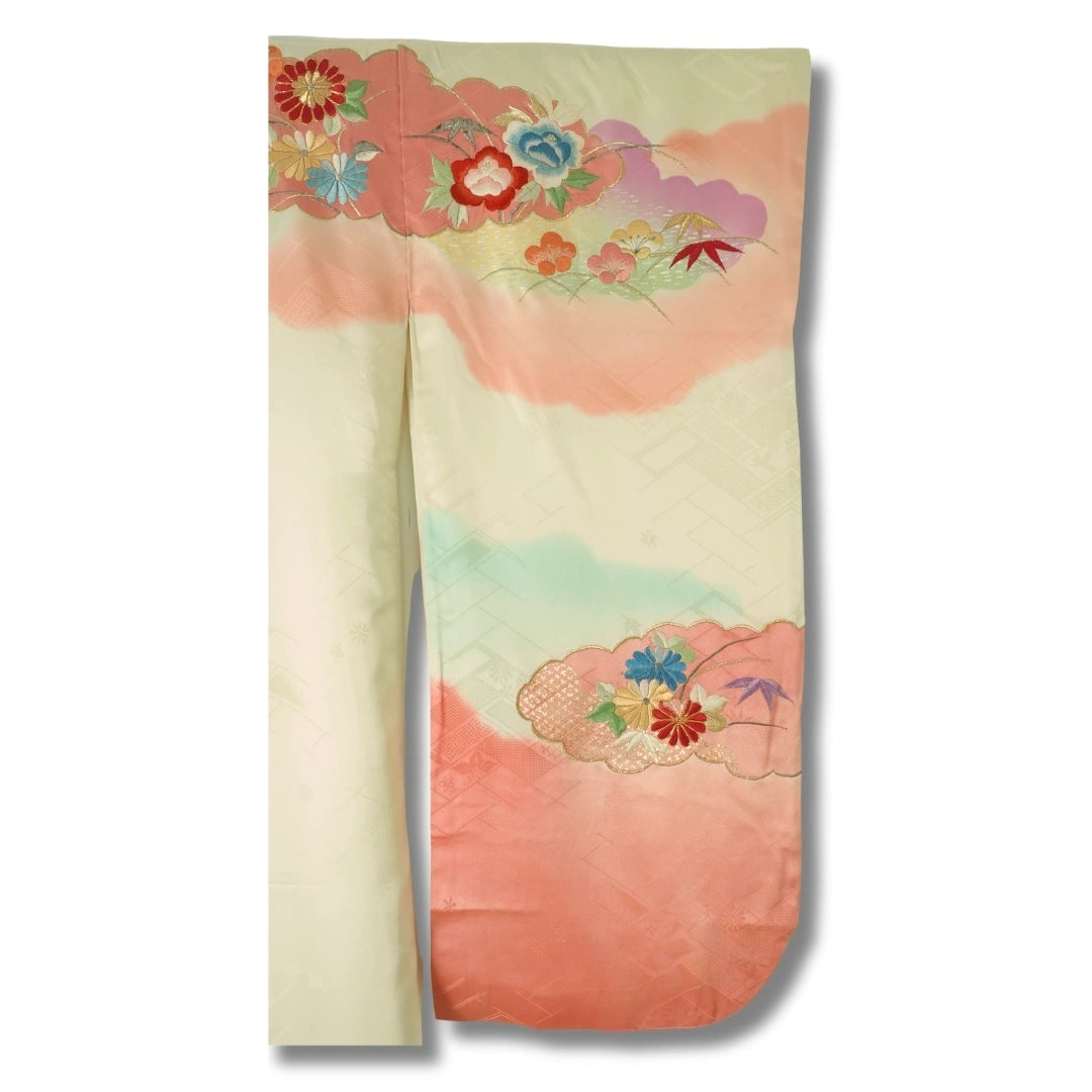 Vintage Furisode Kimono Damen Creme Pink