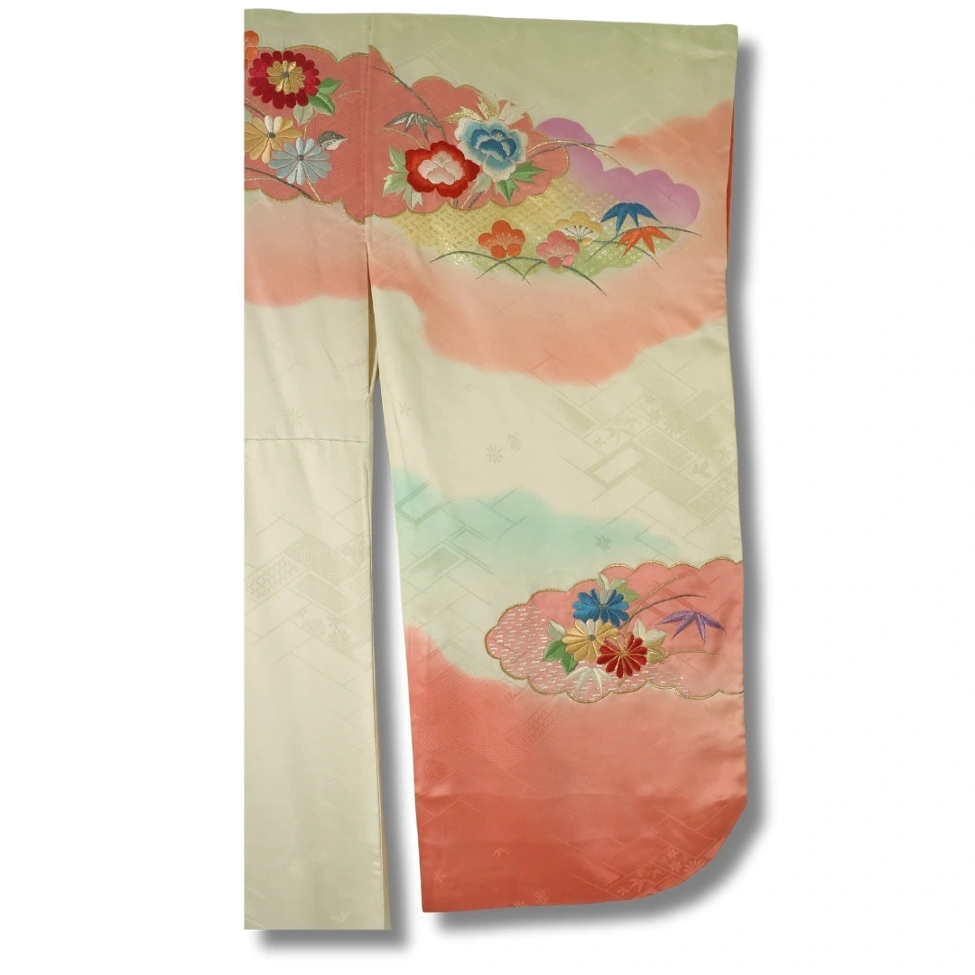 Vintage Furisode Kimono Damen Creme Pink
