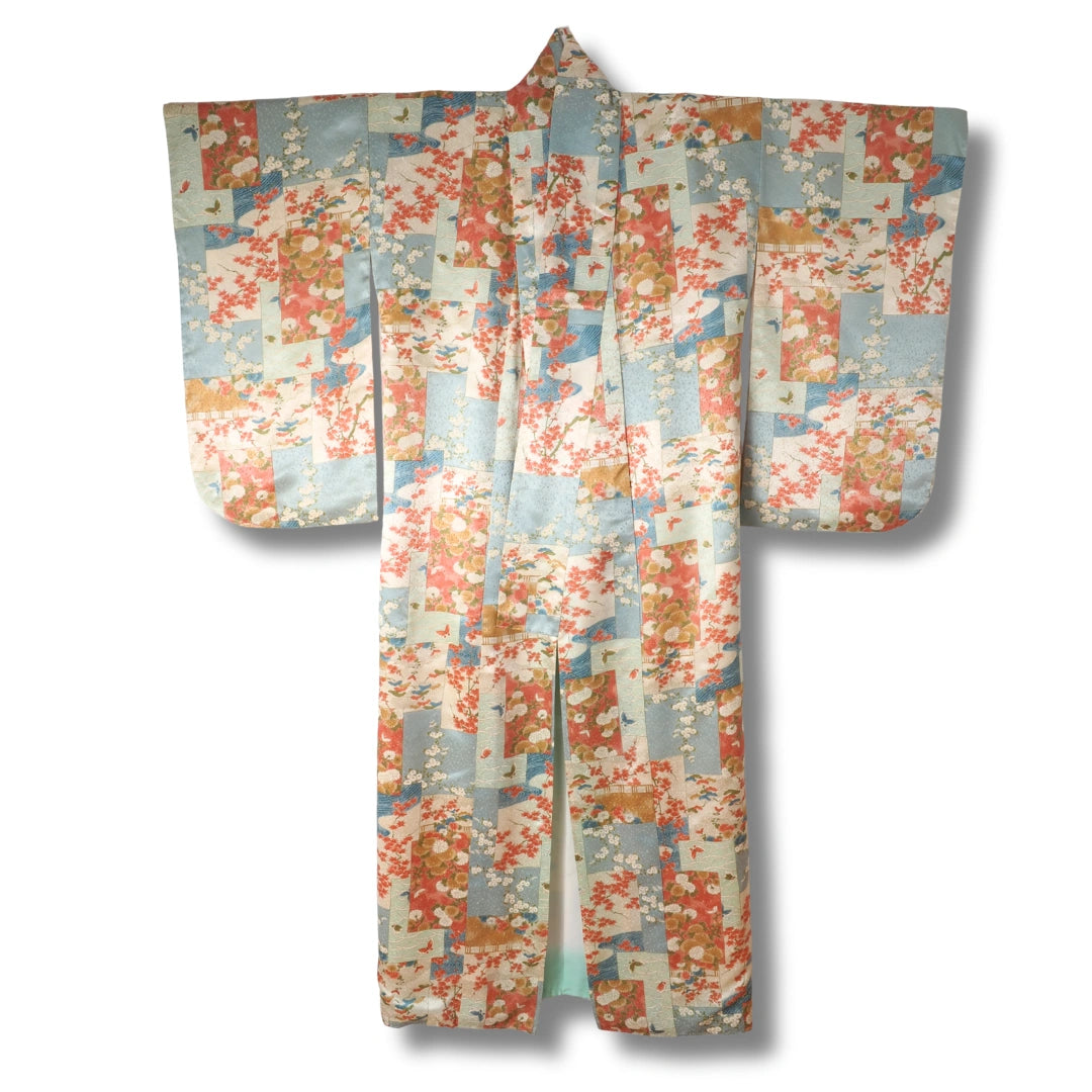Vintage Damen Furisode Kimono blau rosa creme