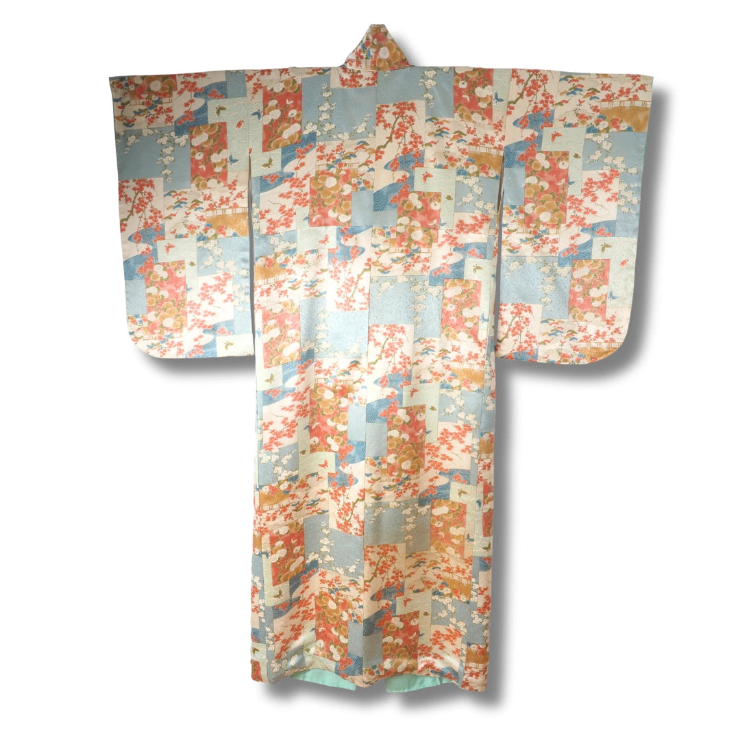 Vintage Damen Furisode Kimono blau rosa creme