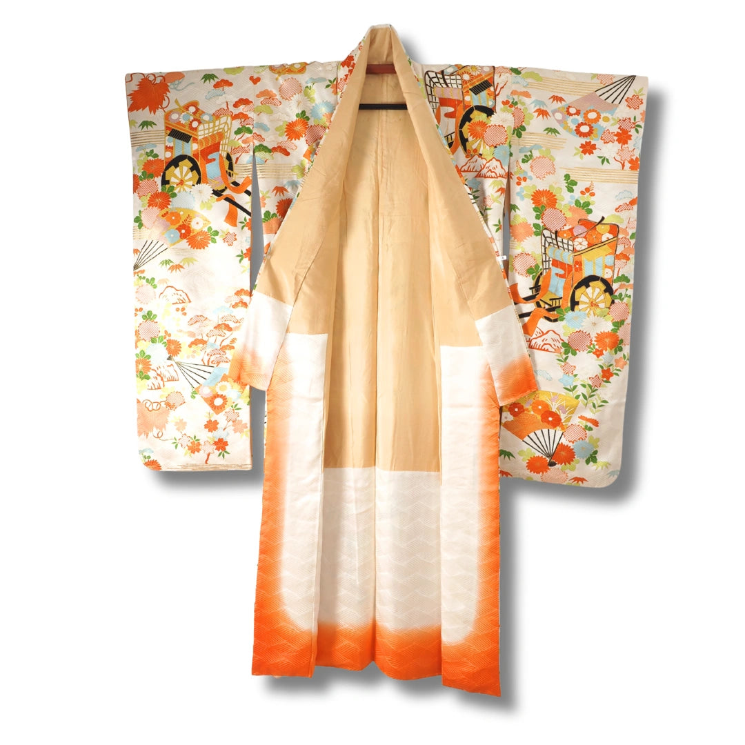 Vintage Damen Furisode Kimono Blumen und Kutsche