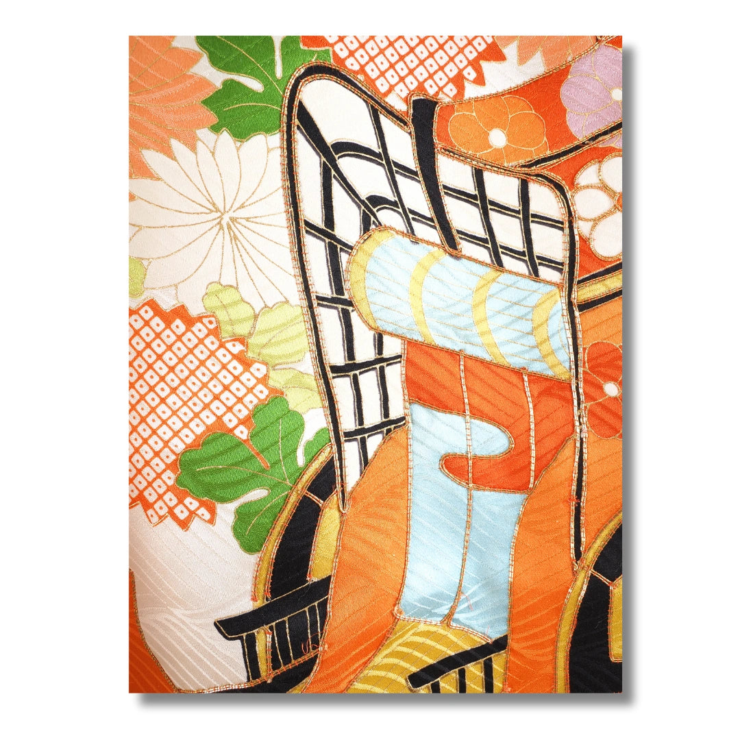 Vintage Damen Furisode Kimono Blumen und Kutsche