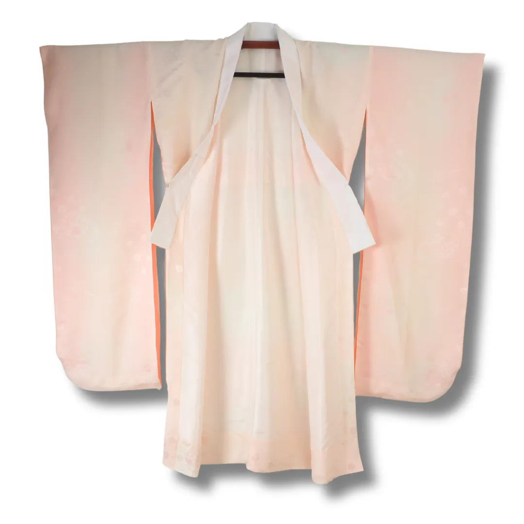 Vintage Furisode Juban für Damen in Creme-Rosa mit Blumen und Streifen