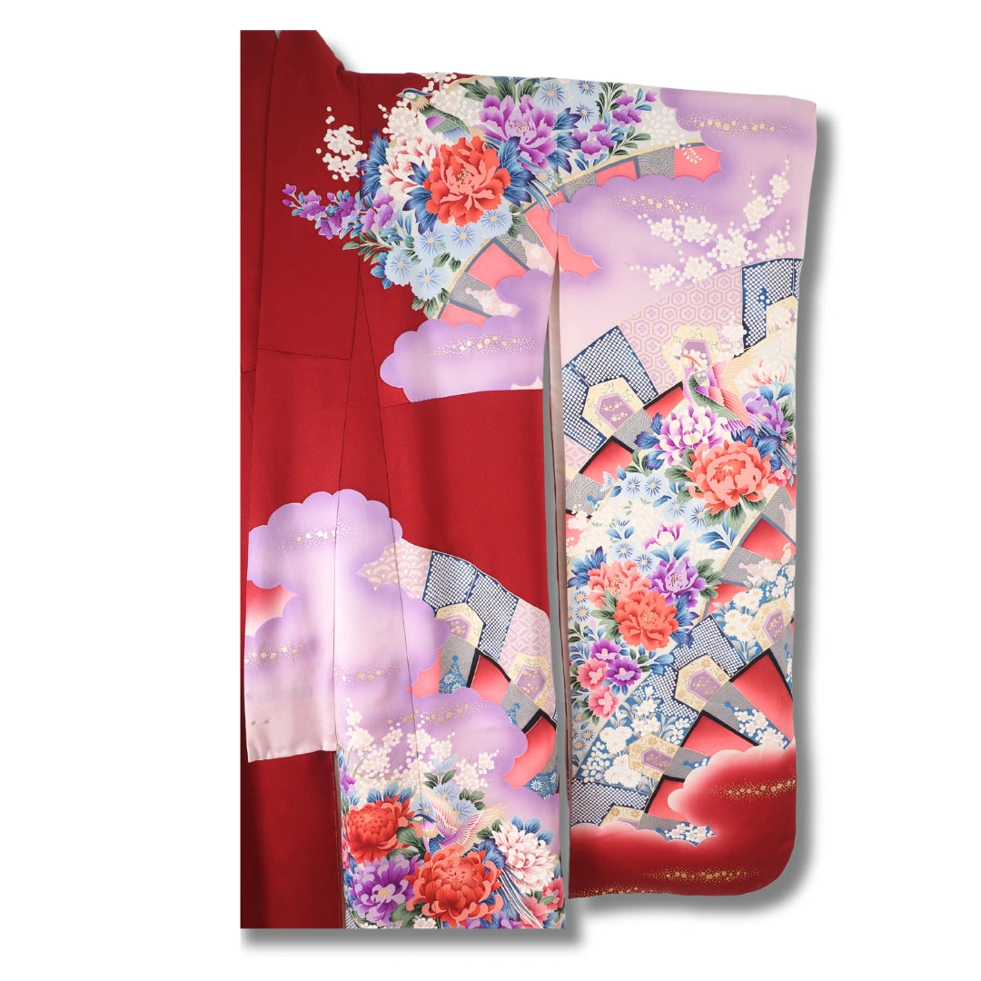 Vintage Damen Furisode Kimono rot lila mit Blumen