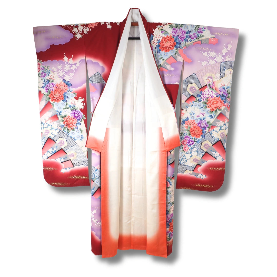 Vintage Damen Furisode Kimono rot lila mit Blumen